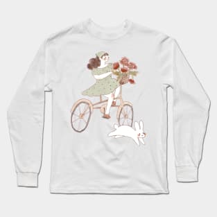 Cycling Girl with bunny and flowers Long Sleeve T-Shirt
